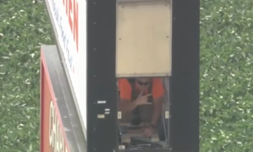 Man gets stuck inside truck stop sign during service call