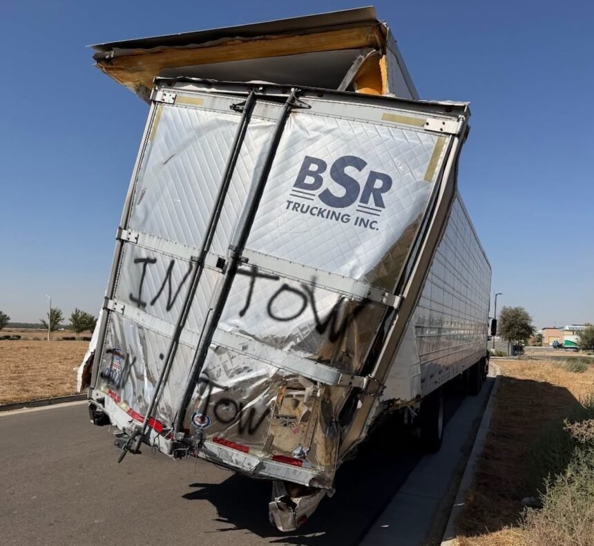 CHP demands corrective action after spotting big rig driving with half its trailer dangling off