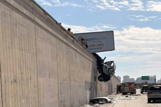 CHP: Truck cab hanging off I-5 in San Diego by a thread, spilling fuel and starting fires