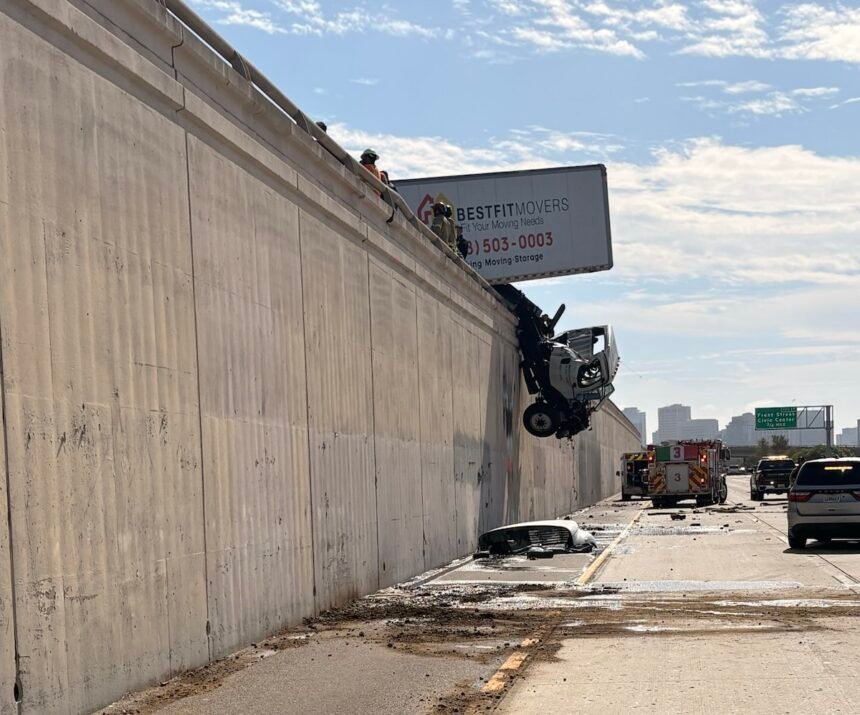 CHP: Truck cab hanging off I-5 in San Diego by a thread, spilling fuel and starting fires