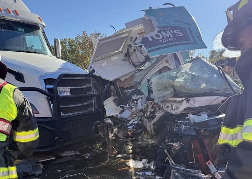 Coffee food truck obliterated in construction zone crash with semi truck