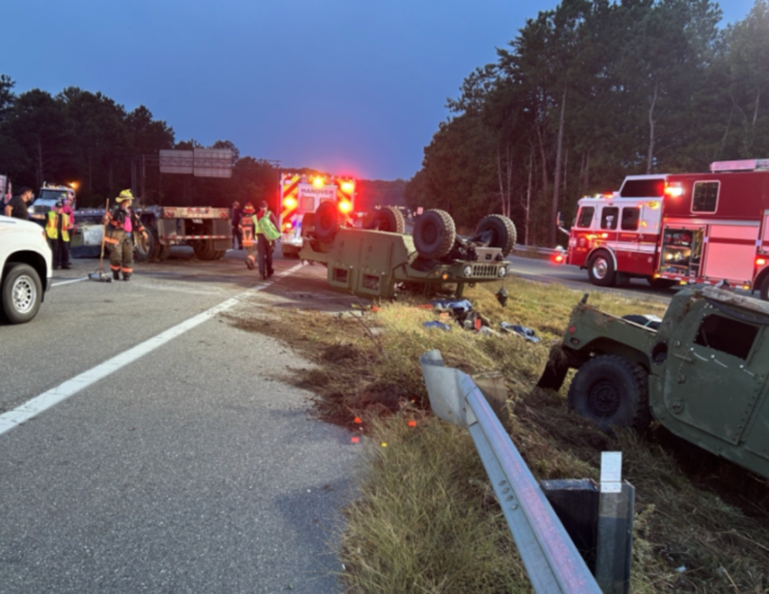 Trucker reports locked steering led to load of Humvees littering I-295